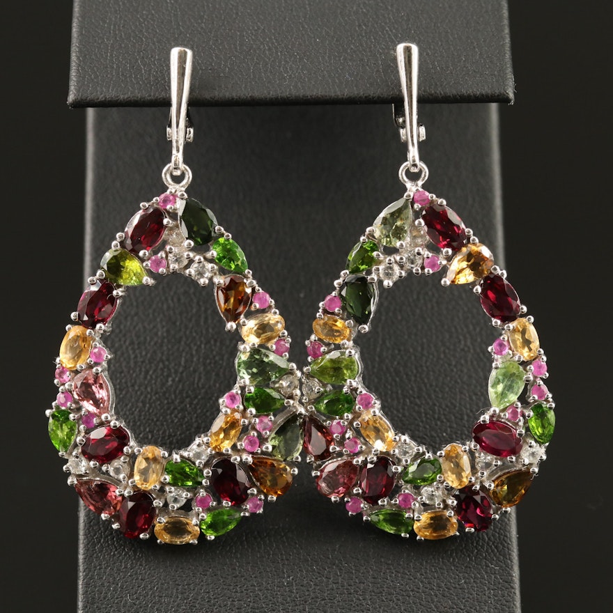 Sterling Teardrop Cluster Earrings Featuring Garnet, Diopside and Corundum