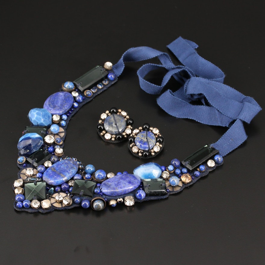 Lapis Lazuli and Agate Bib Necklace with Matching Clip-On Earrings