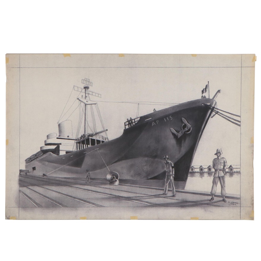 Joseph Di Gemma Photogravure of Navy Transport Ship, Late 20th Century