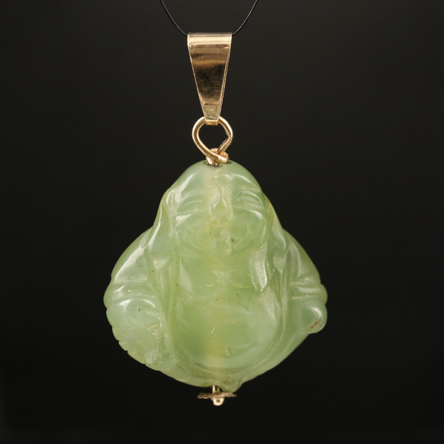 Carved Serpentine Budai Pendant Necklace with 14K Bail