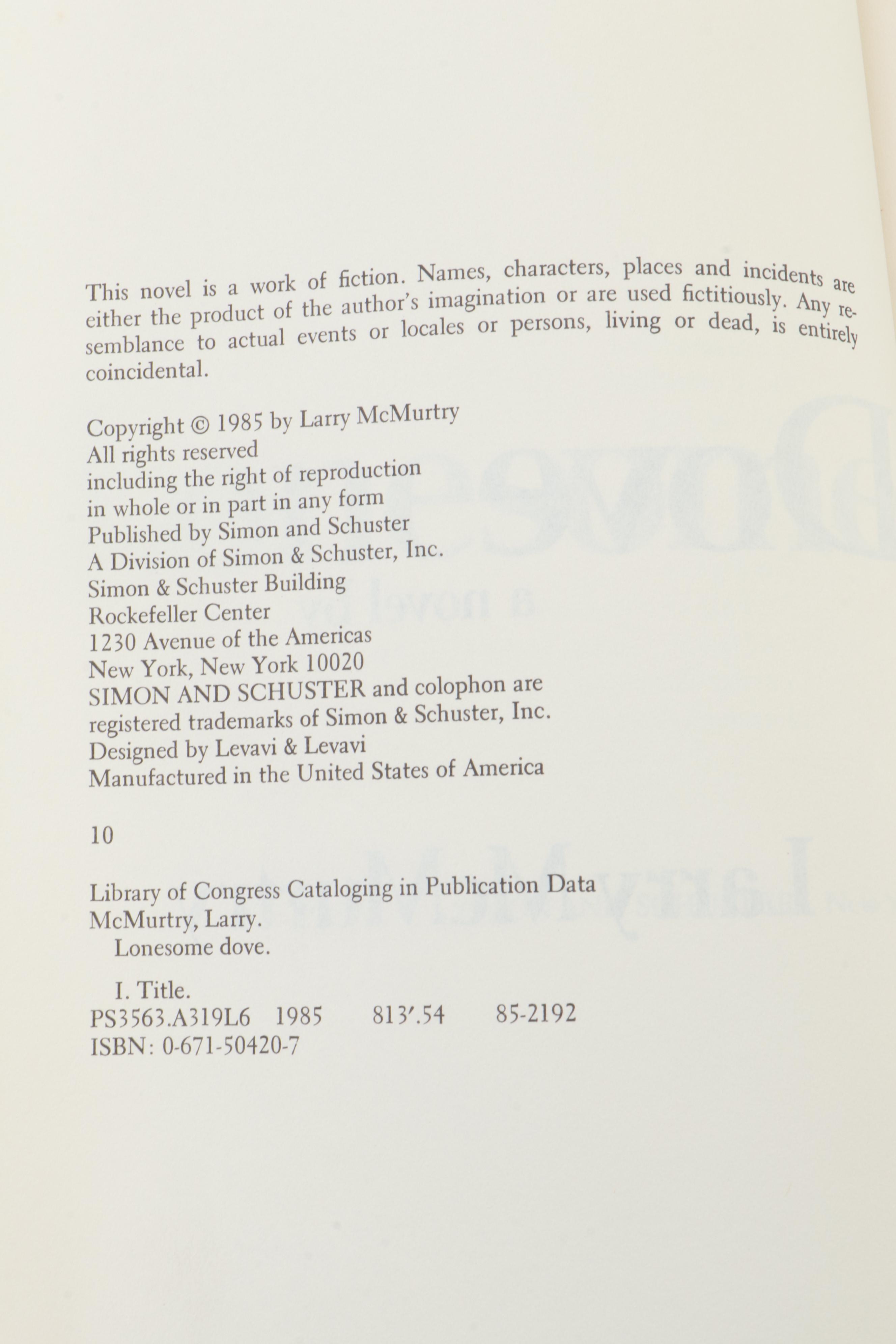 Signed "Lonesome Dove" by Larry McMurtry with Dust Jacket, 1985