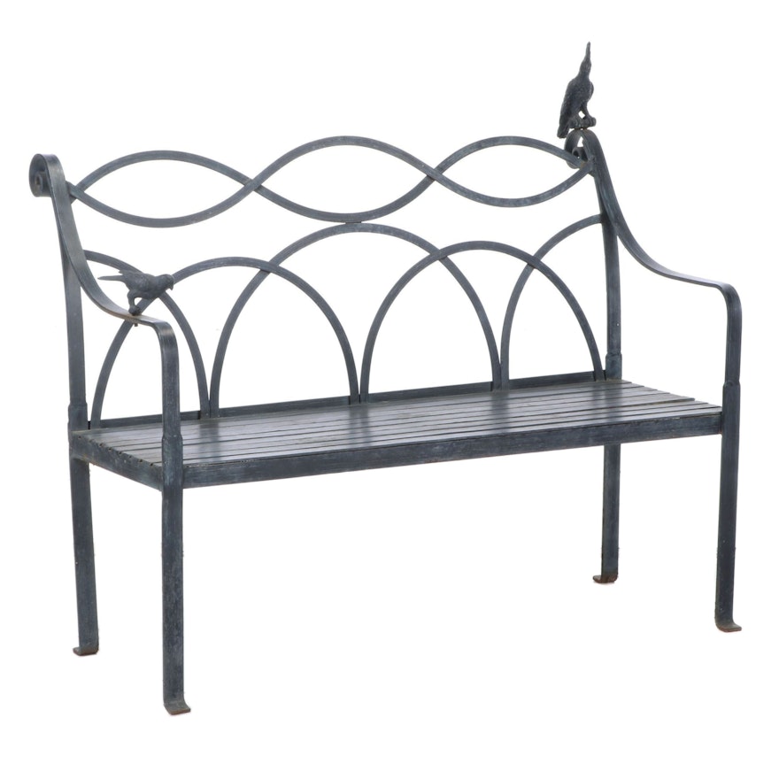 Patinated and Cast Iron Garden Bench with Bird Accents