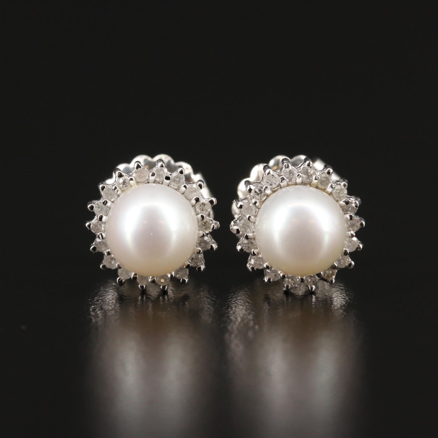 14K Pearl with Diamond Halo Stud Earrings