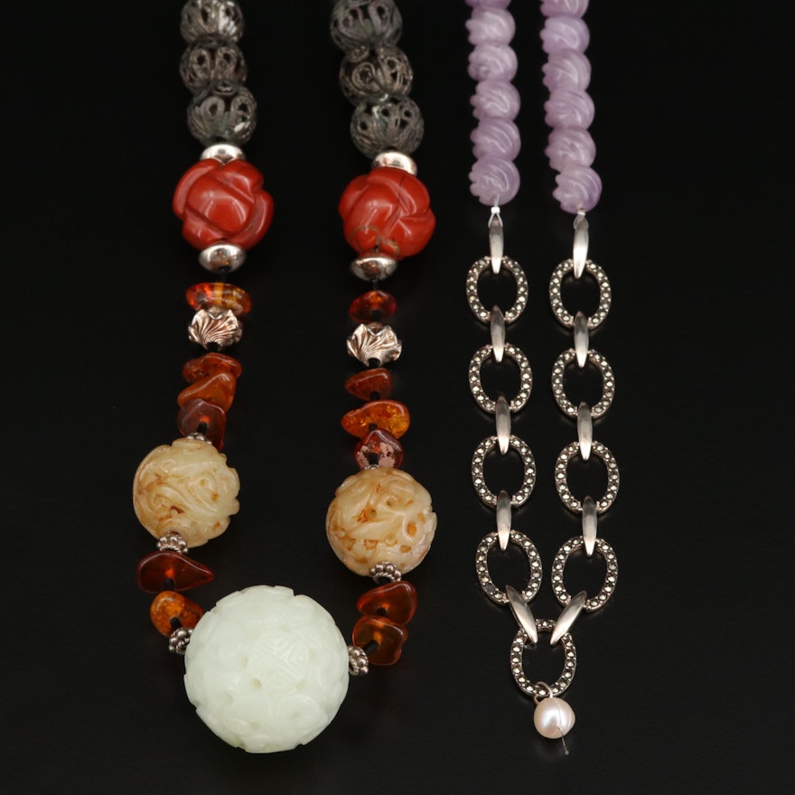 Sterling Silver Carved Bead Necklaces Featuring Amethyst, Bone and Serpentine