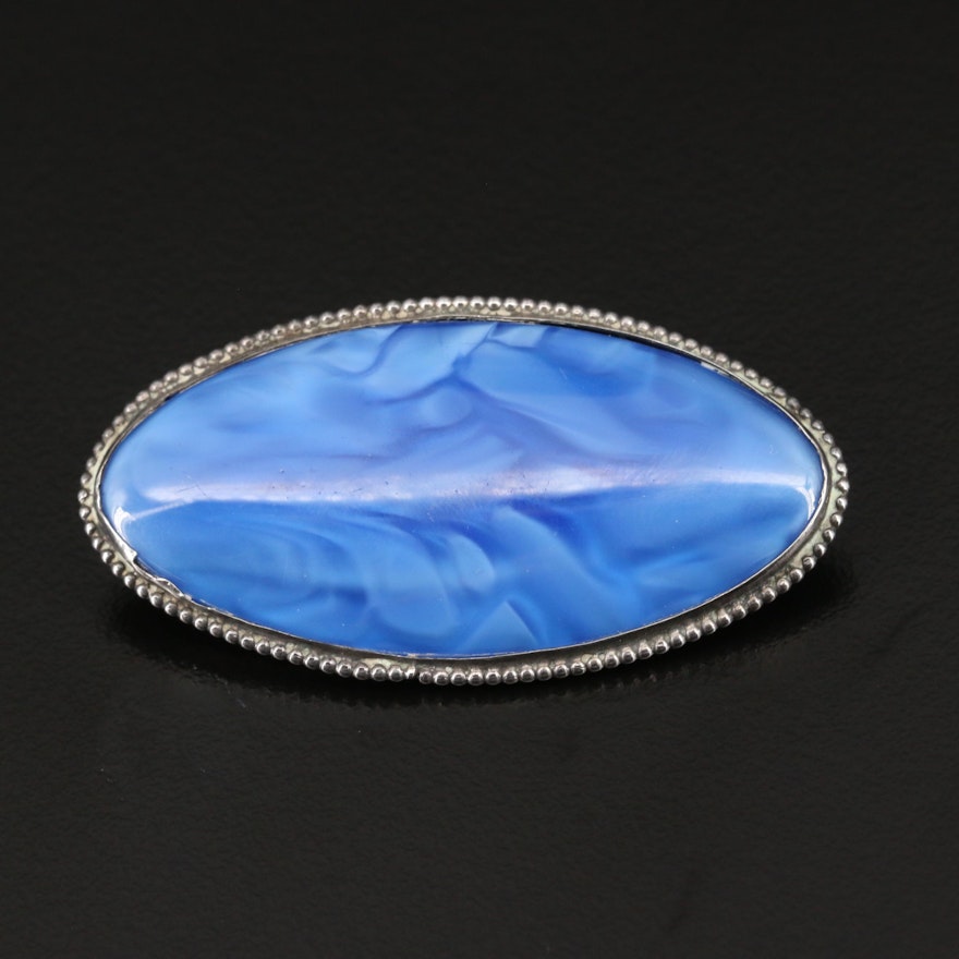 Sterling Silver Oval Blue Glass Brooch