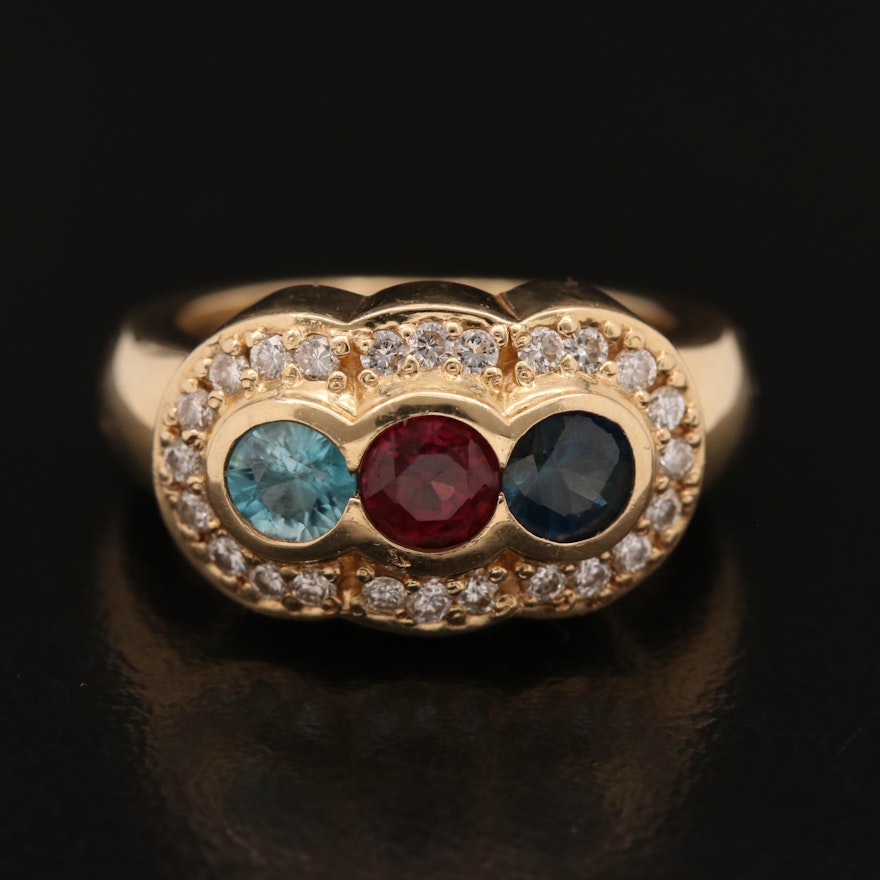 14K Blue Zircon, Garnet, Sapphire and Diamond Ring