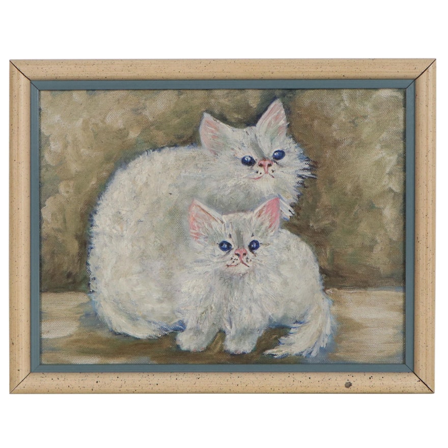 Oil Painting of Two White Cats, Late 20th Century