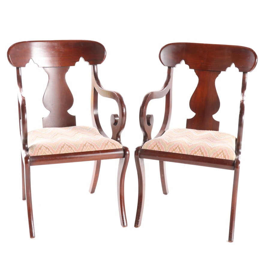 Pair of Empire Style Mahogany-Stained Fiddle Back Upholstered Armchairs