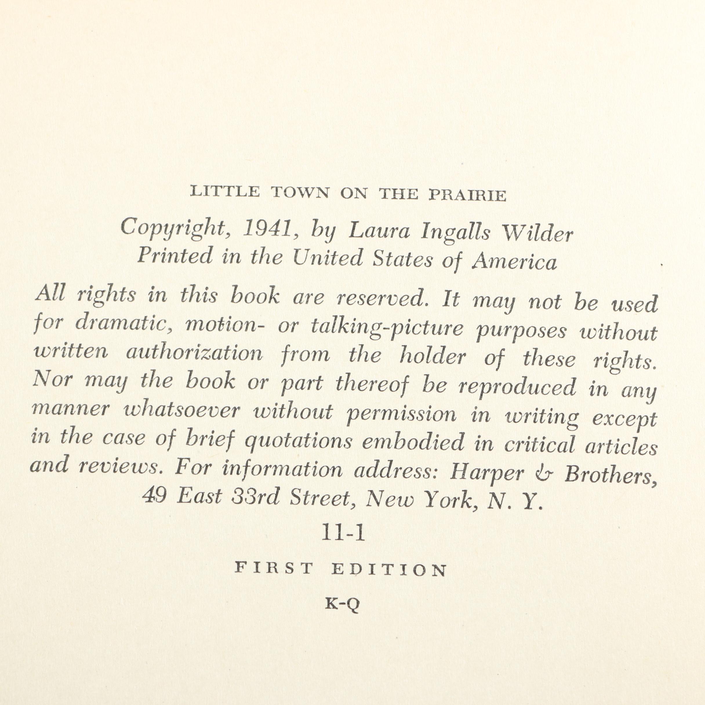 First Edition "Little Town on the Prairie" by Laura Ingalls Wilder, 1941