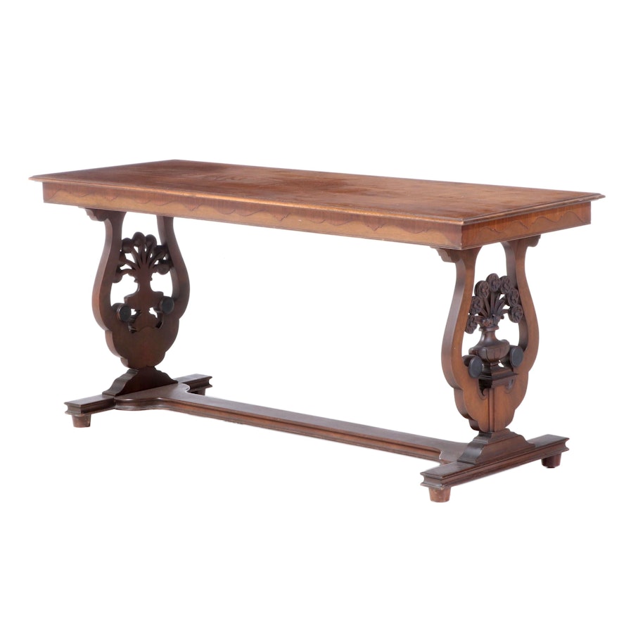 American Walnut and Burl Walnut Console Table, Early to Mid 20th Century