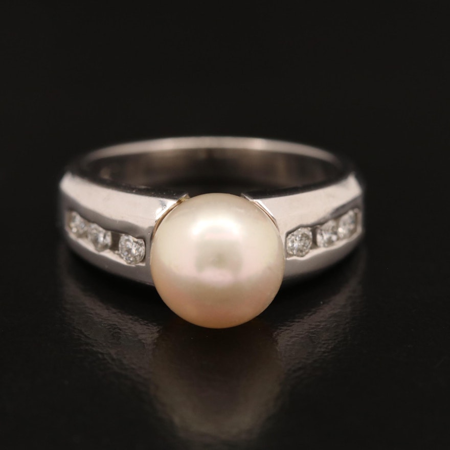 14K Pearl Ring with Channel Set Diamond Shoulders