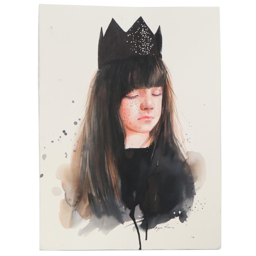Pippa Kim Watercolor of Young Girl in Black Crown, 2020