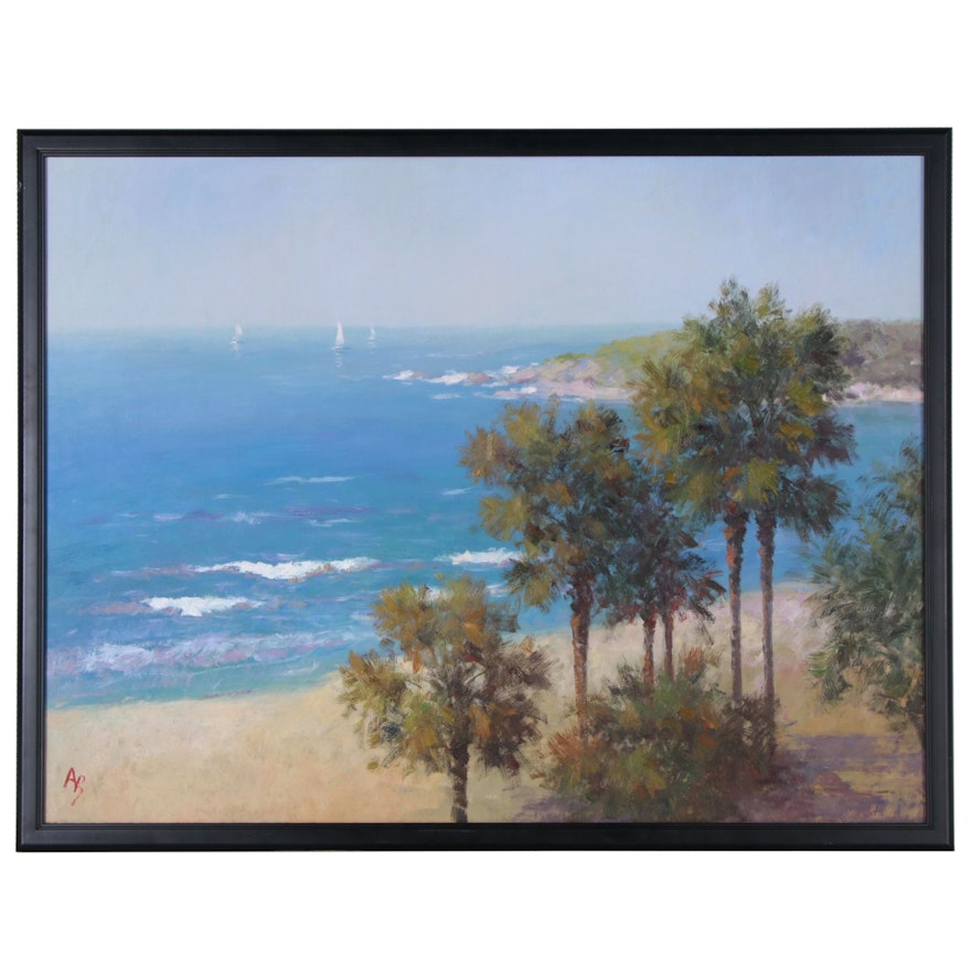 Beach Scene Oil Painting with Palm Trees, 21st Century