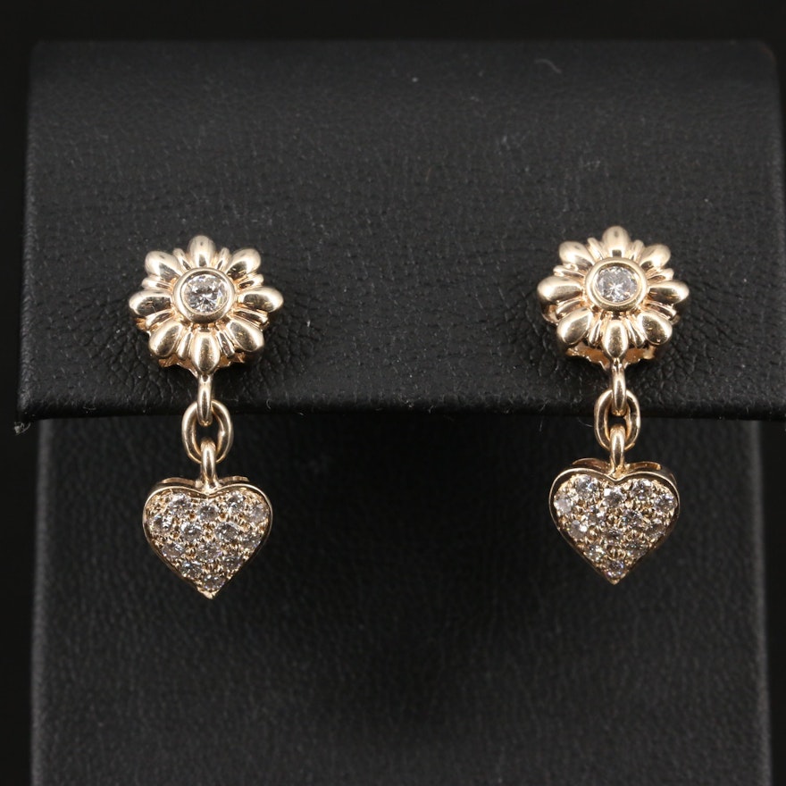 14K Diamond Flower and Heart Dangle Earrings