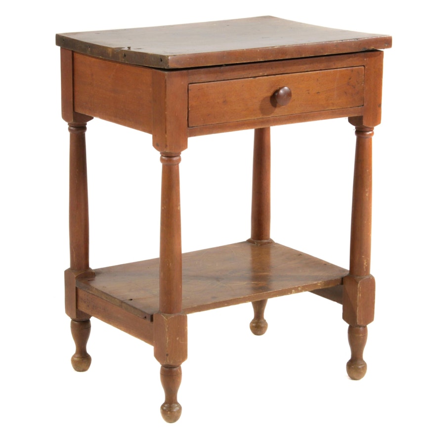 American Primitive Tiered Single-Drawer Wood Side Table, 19th Century