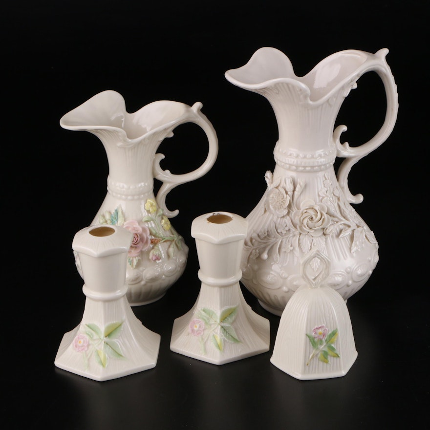Belleek "Aberdeen" Vases and "Wild Irish Rose" Candlesticks and Bell