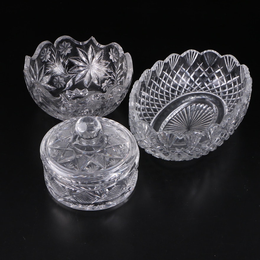 American Brilliant Cut Glass Oval and Round Bowls with Lidded Dish