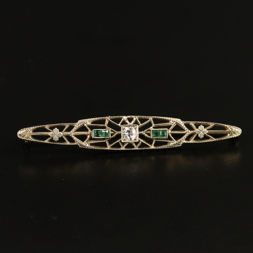 Art Deco Ostby & Barton 18K Diamond and Emerald Bar Brooch