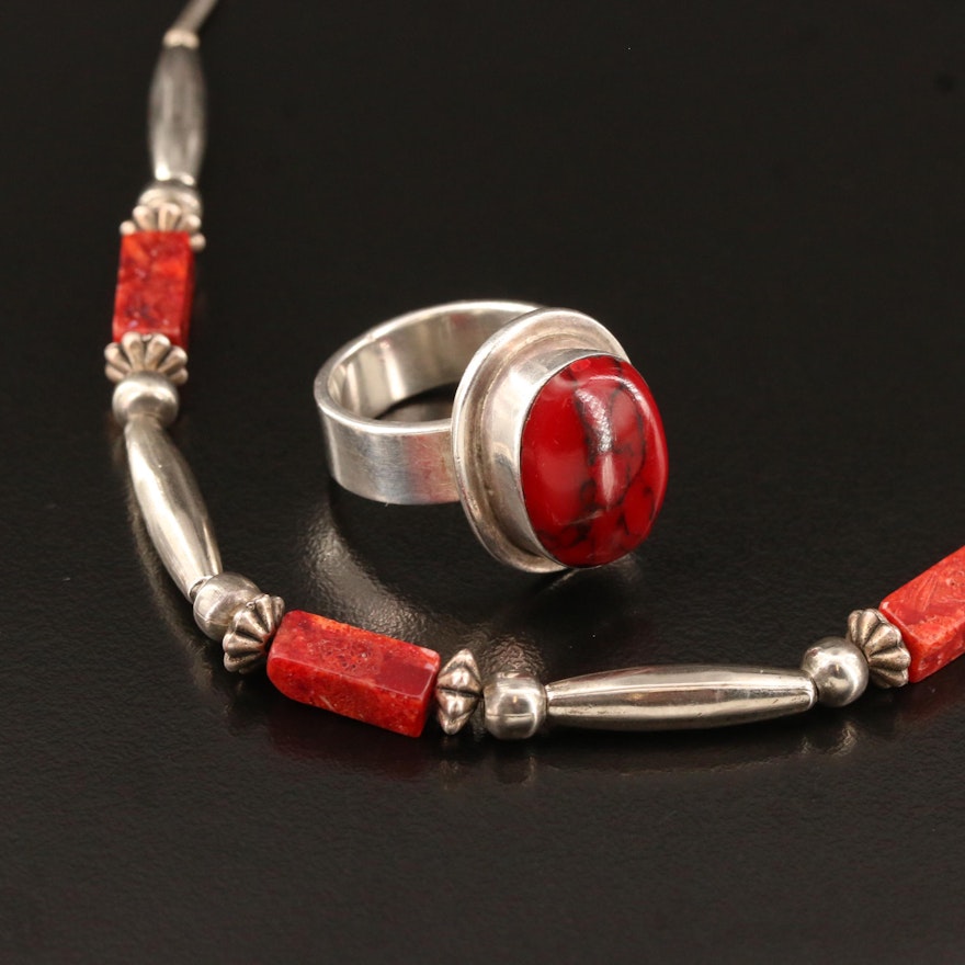 Coral Necklace with Mexican Sterling Glass Ring