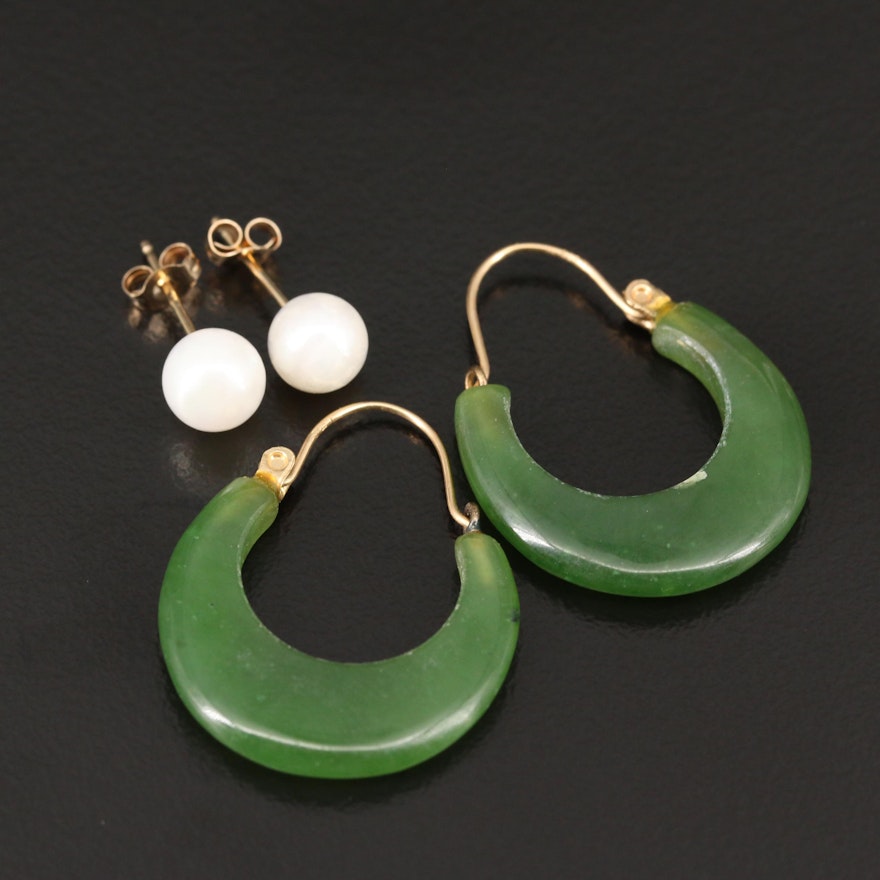 14K Nephrite Hoops and Pearl Stud Earrings