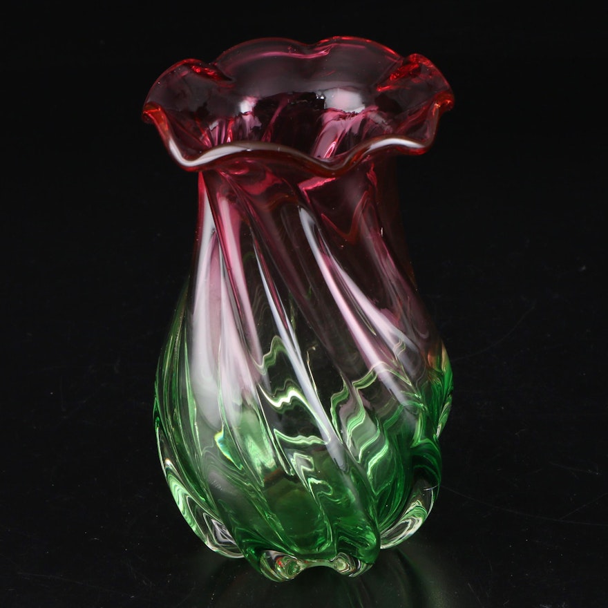Handblown Pink and Green Art Glass Vase