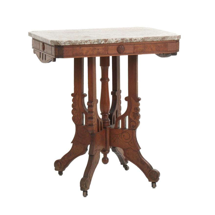 Victorian Eastlake Marble Top Walnut Side Table, Late 19th Century