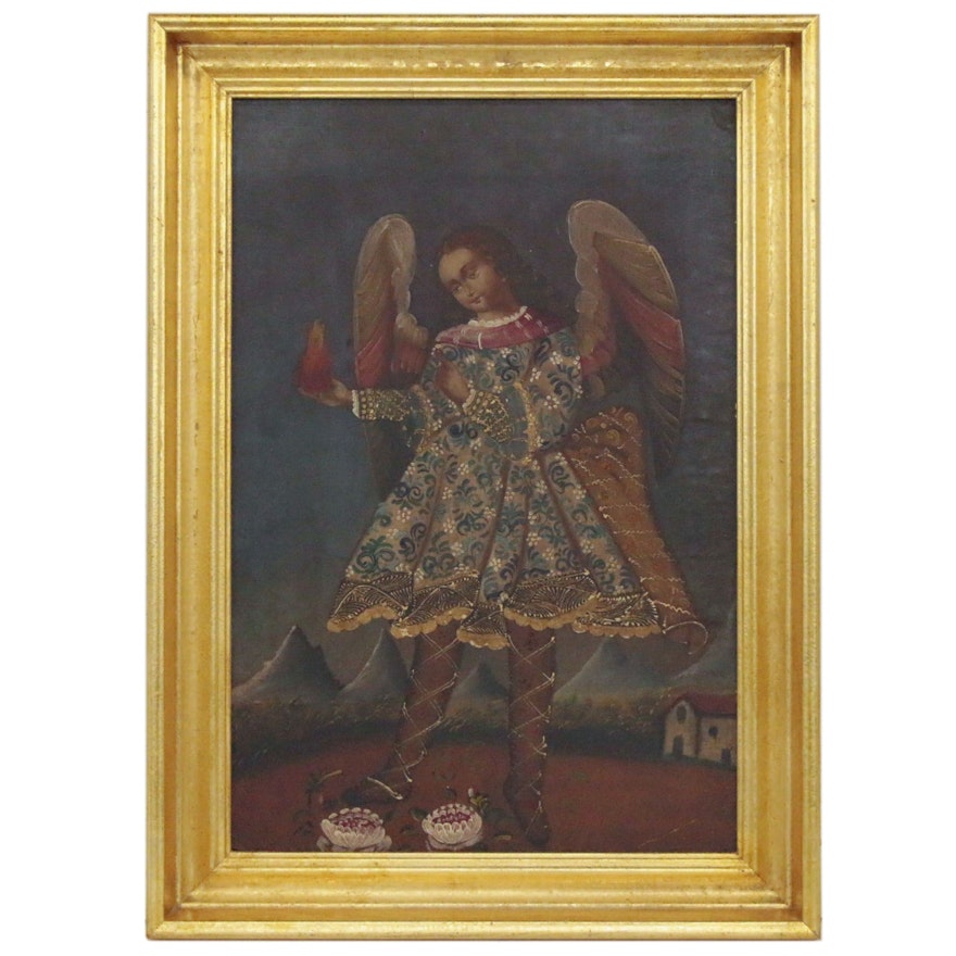 Cuzco School Style Oil Painting of Archangel Michael with Fire