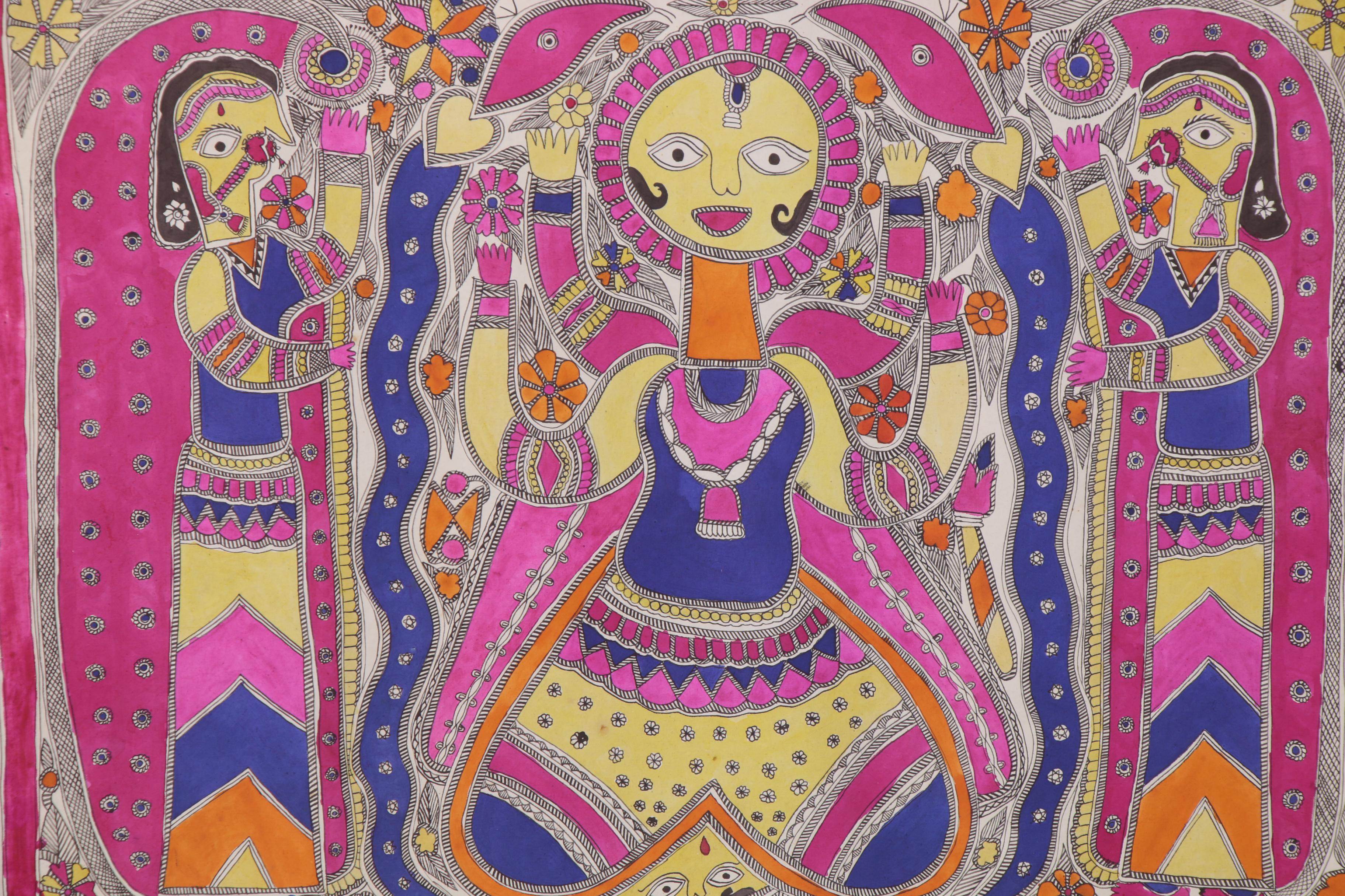Bharni Folk Style Watercolor Madhubani Paintings, Mithila