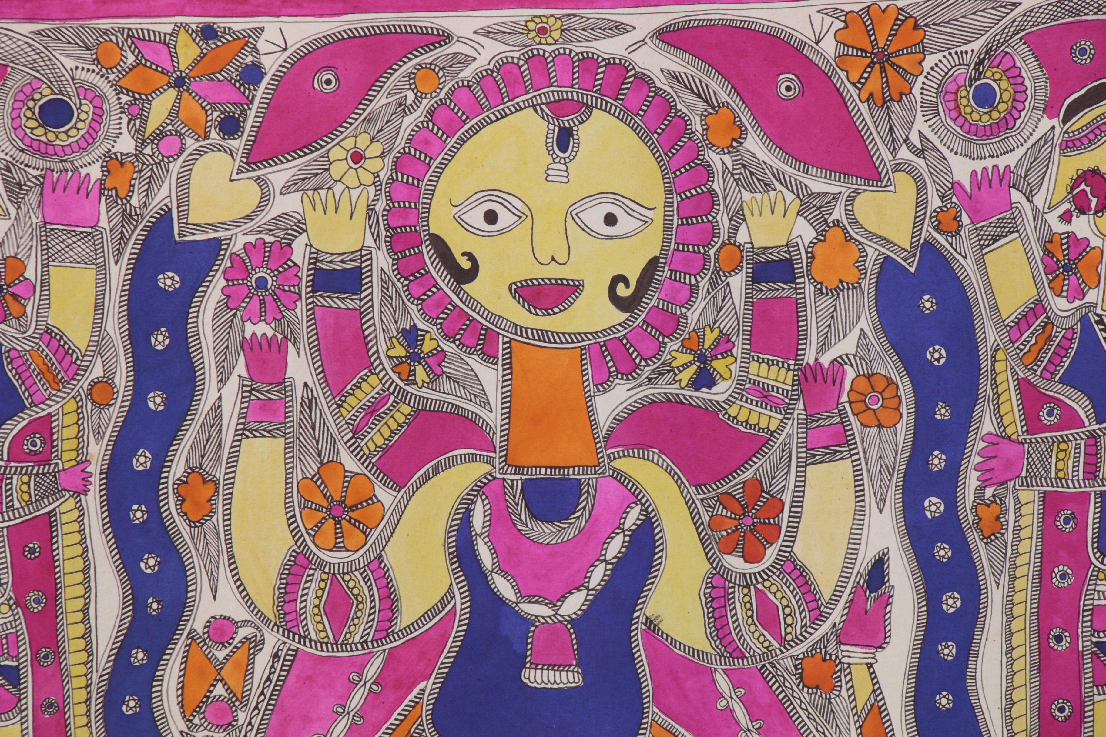 Bharni Folk Style Watercolor Madhubani Paintings, Mithila