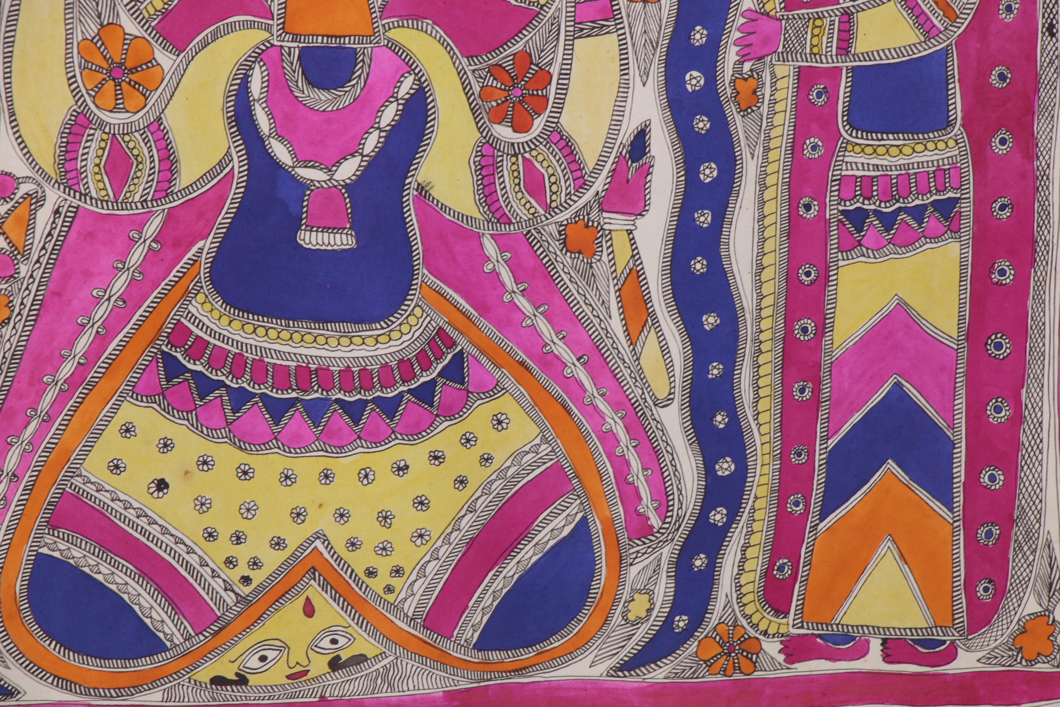 Bharni Folk Style Watercolor Madhubani Paintings, Mithila