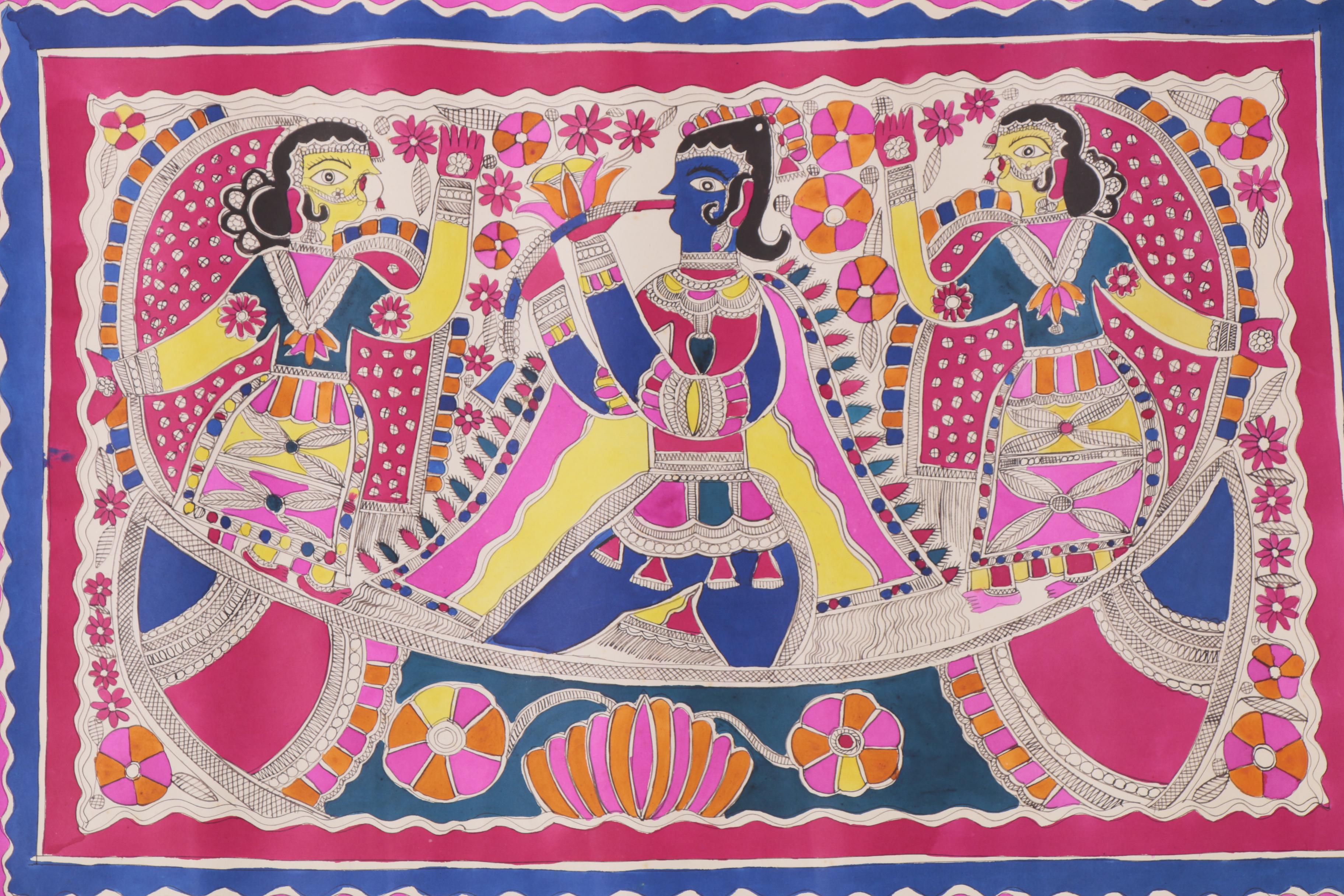 Bharni Folk Style Watercolor Madhubani Paintings, Mithila