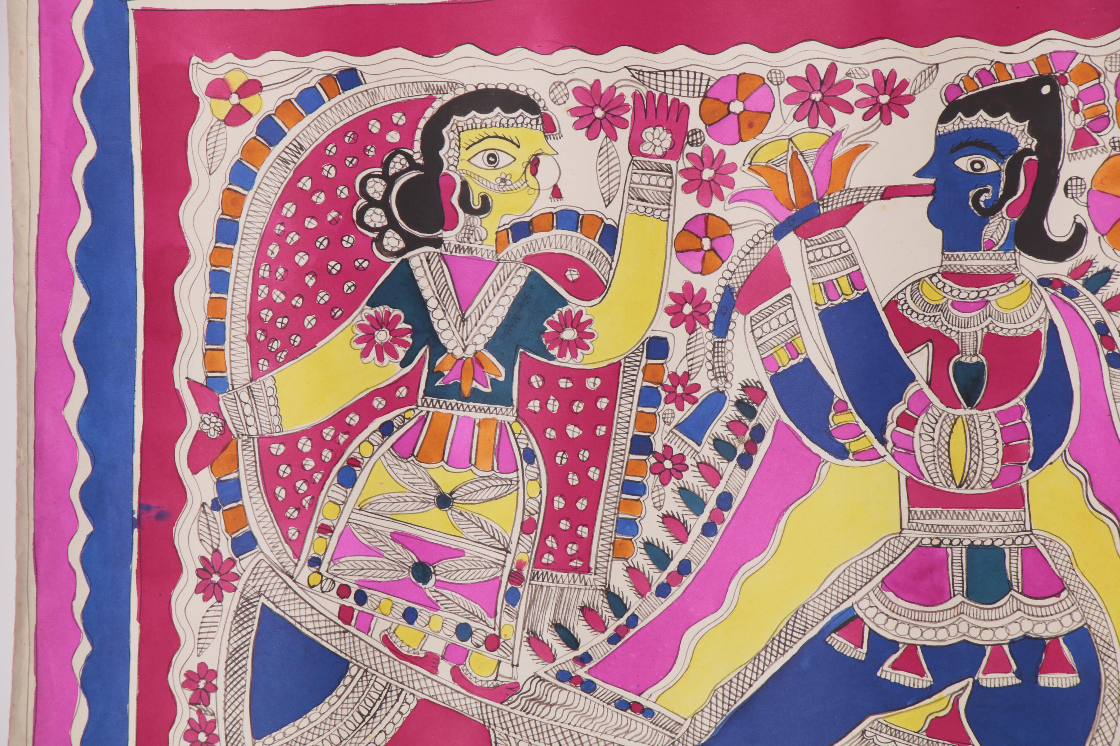 Bharni Folk Style Watercolor Madhubani Paintings, Mithila
