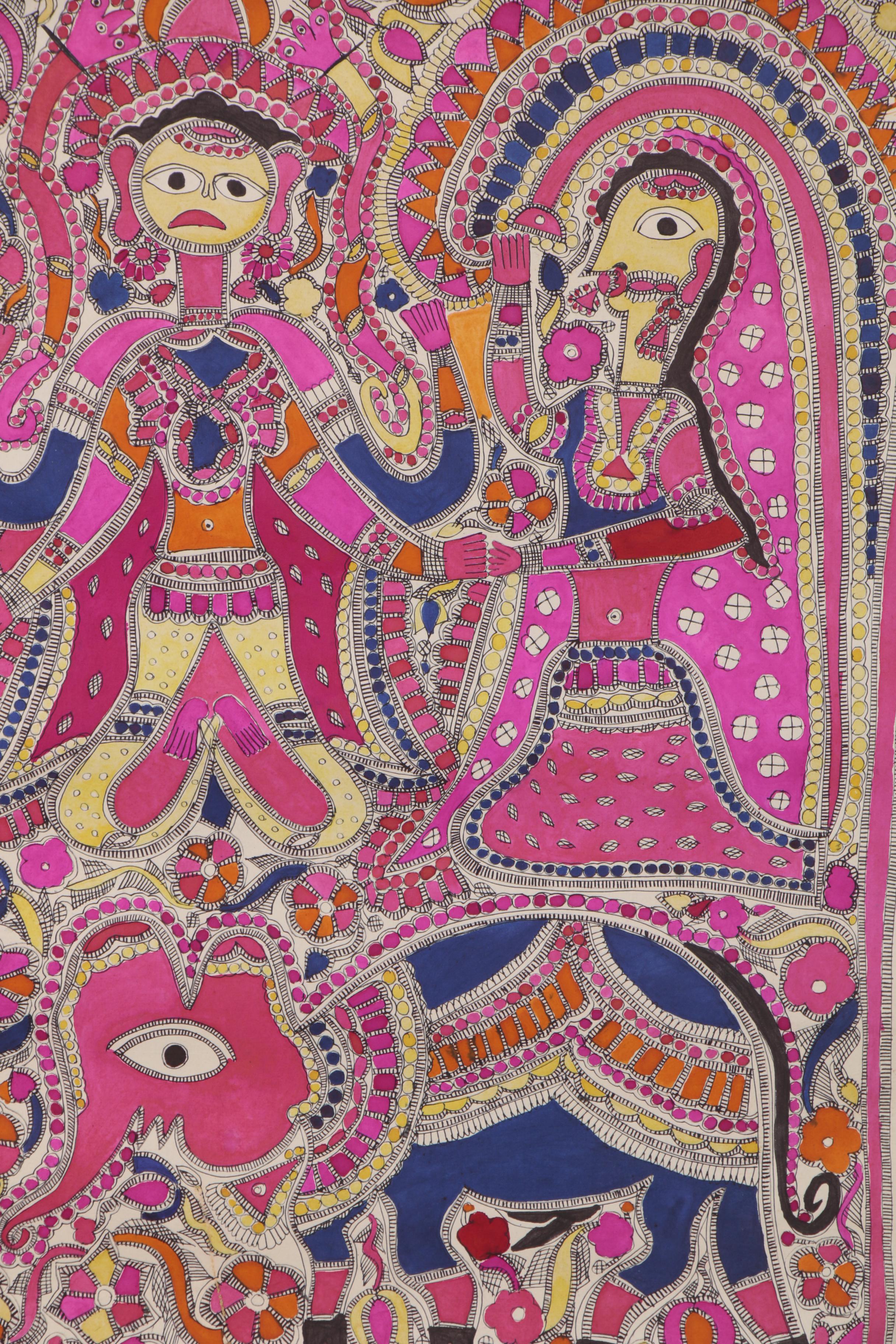 Bharni Folk Style Watercolor Madhubani Paintings, Mithila
