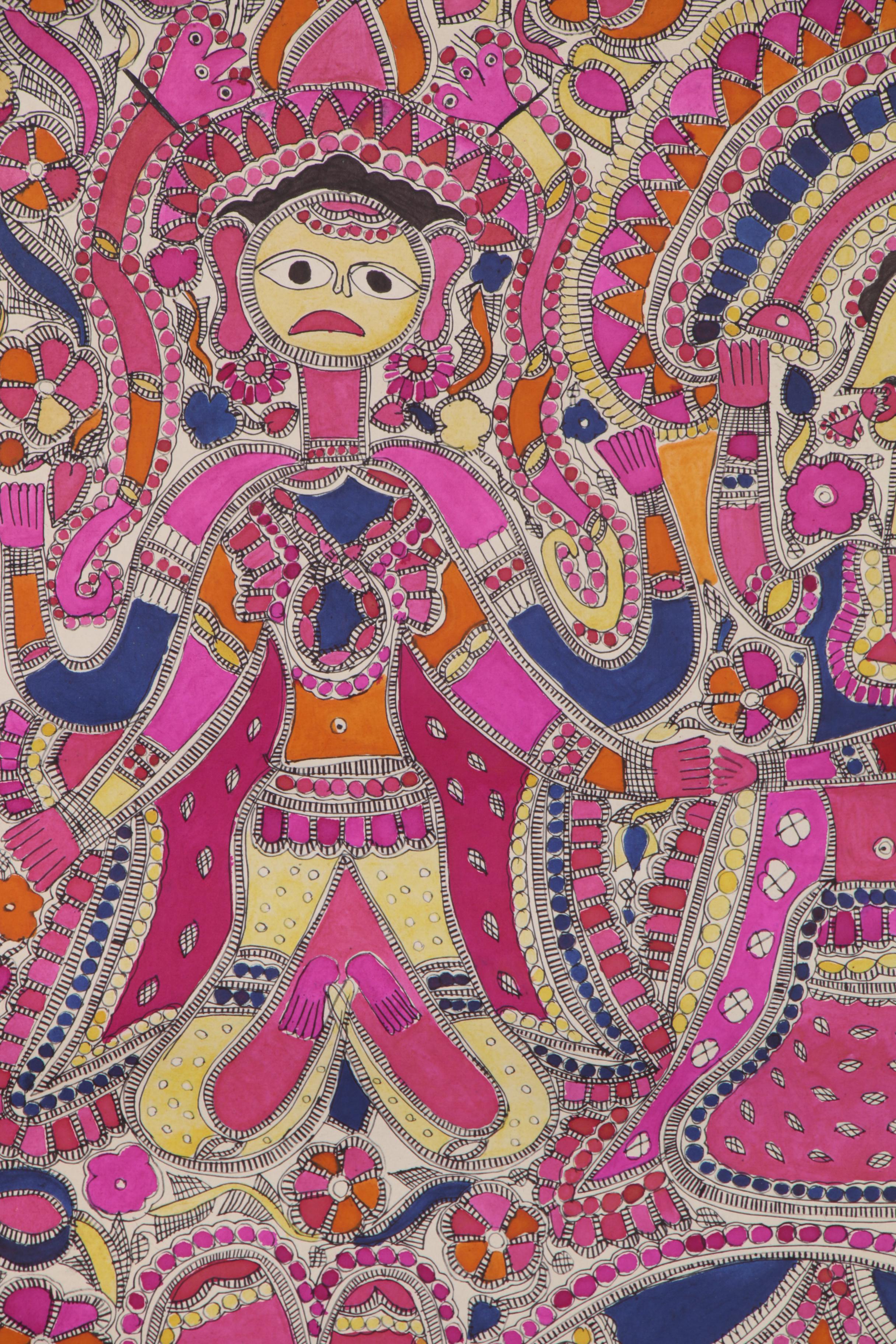 Bharni Folk Style Watercolor Madhubani Paintings, Mithila