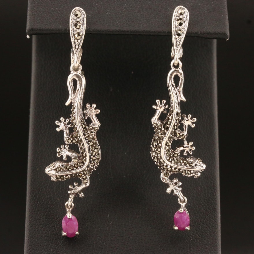 Sterling Silver Marcasite and Corundum Lizard Earrings