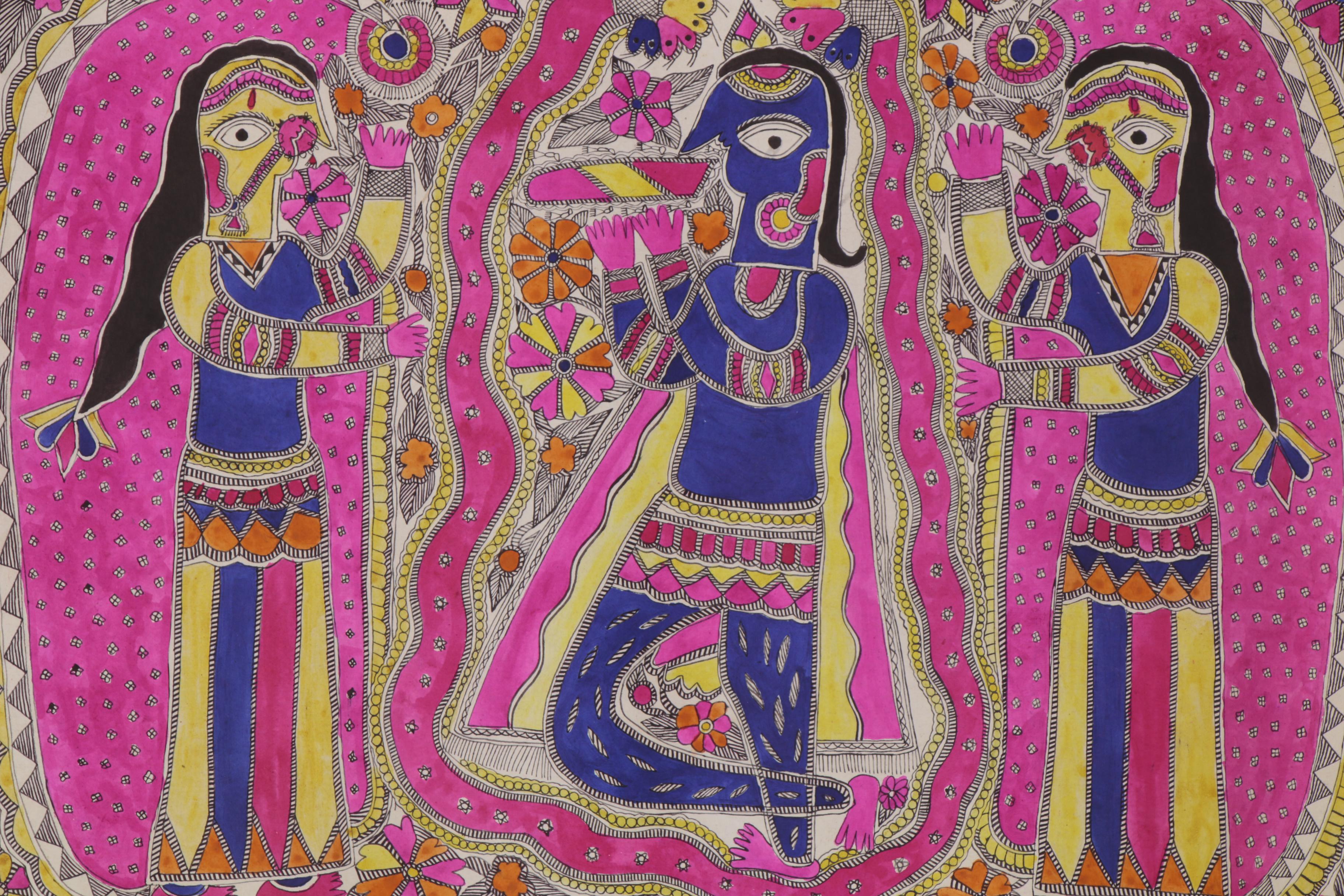 Bharni Folk Style Watercolor Madhubani Paintings, Mithila