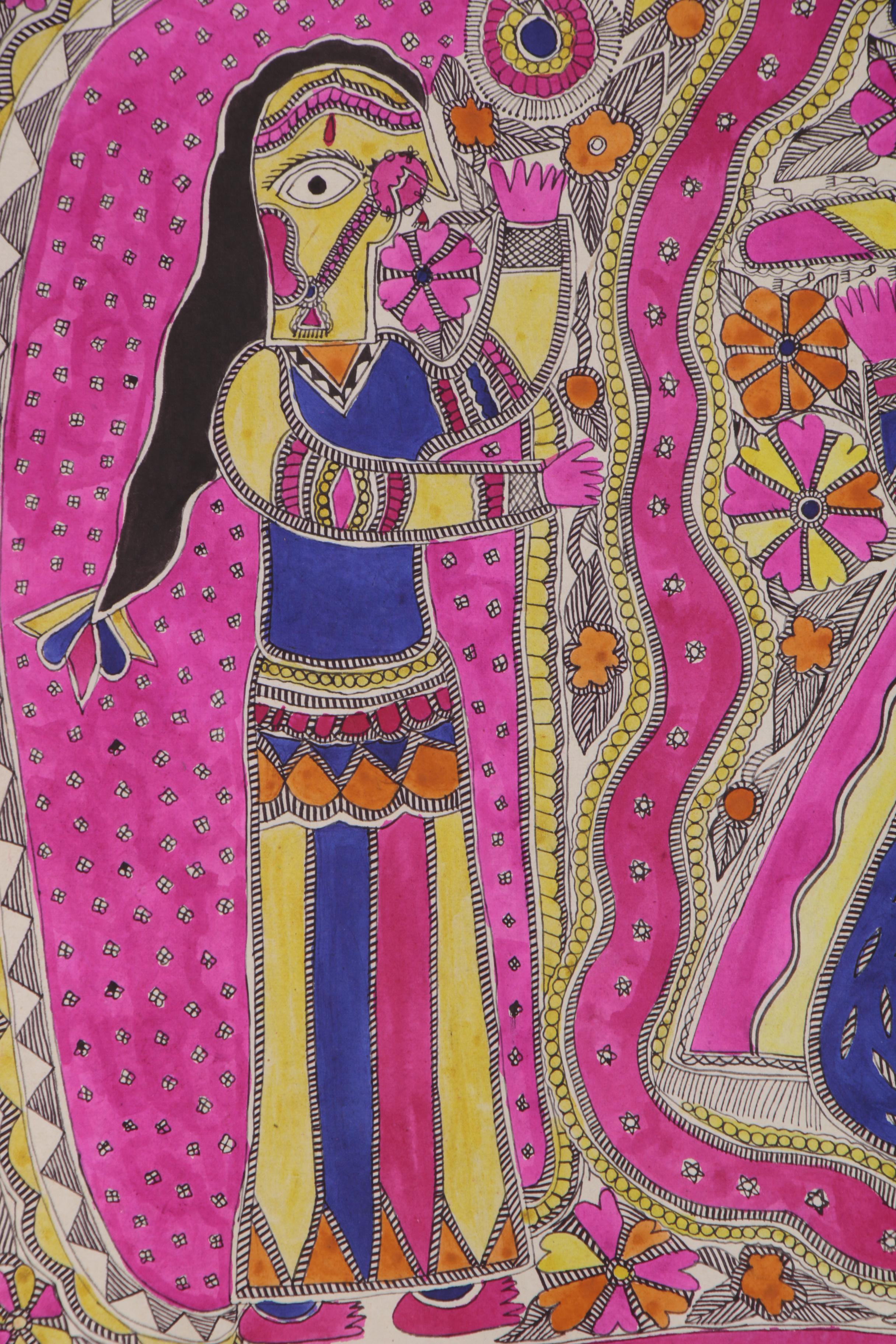 Bharni Folk Style Watercolor Madhubani Paintings, Mithila