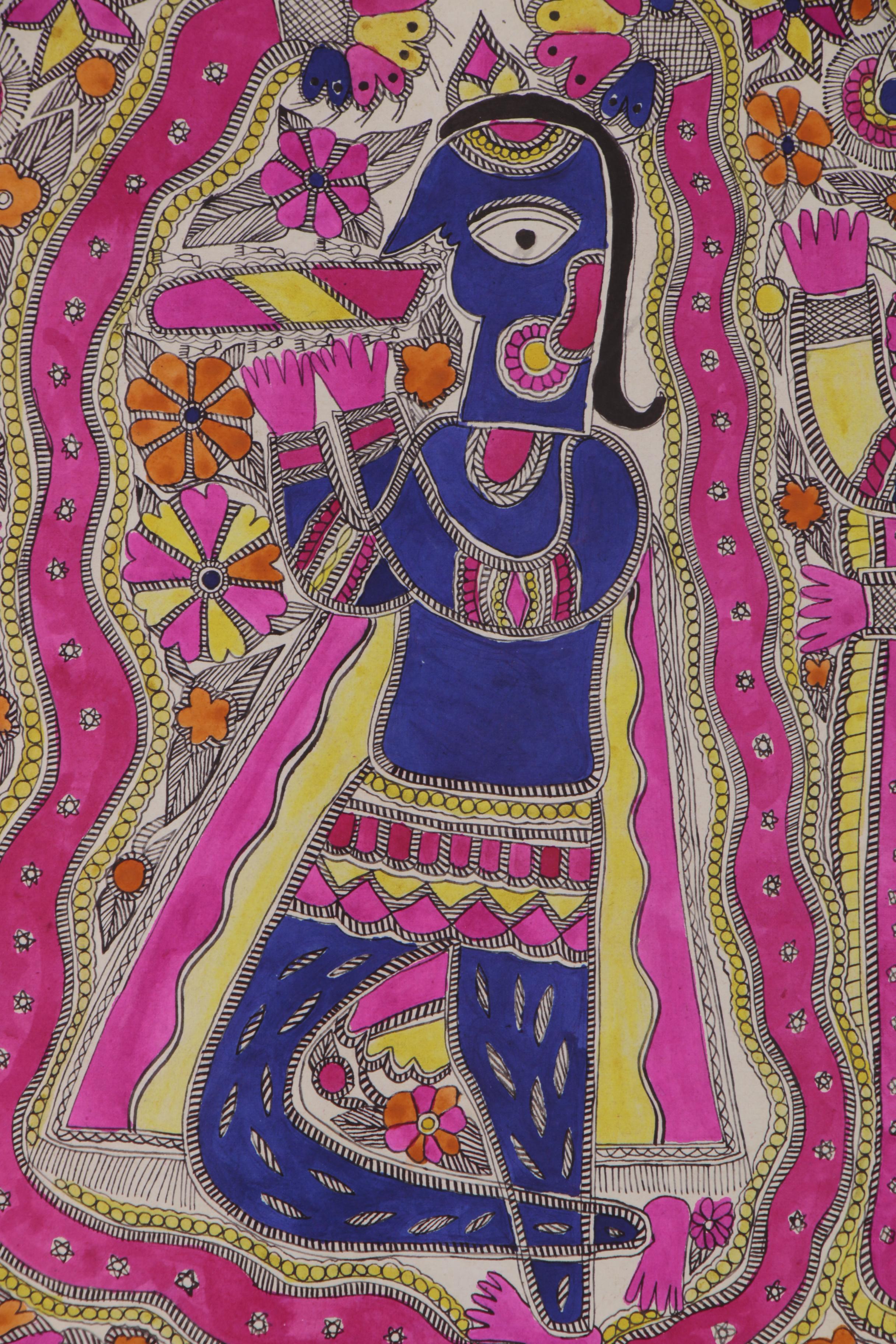 Bharni Folk Style Watercolor Madhubani Paintings, Mithila