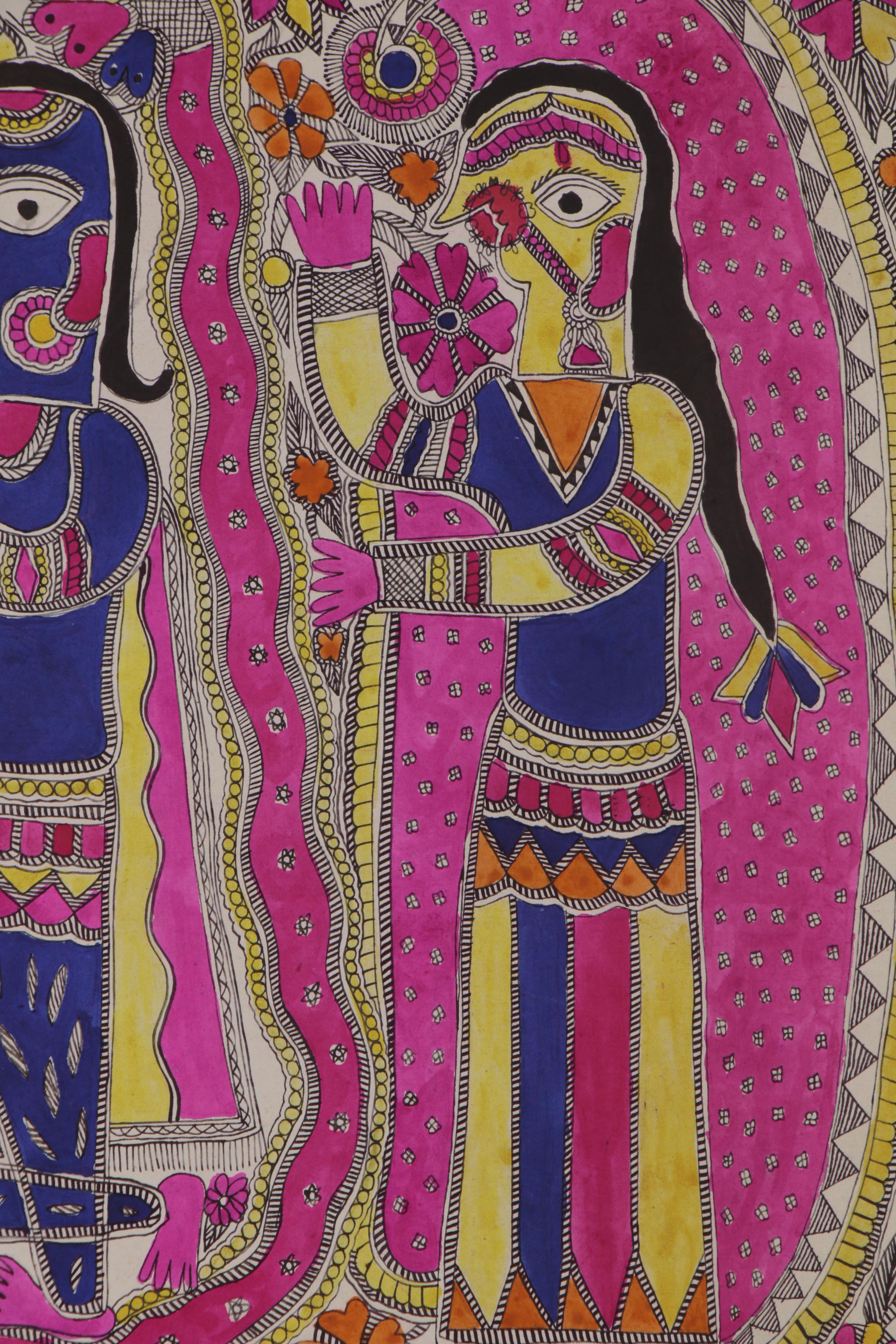 Bharni Folk Style Watercolor Madhubani Paintings, Mithila
