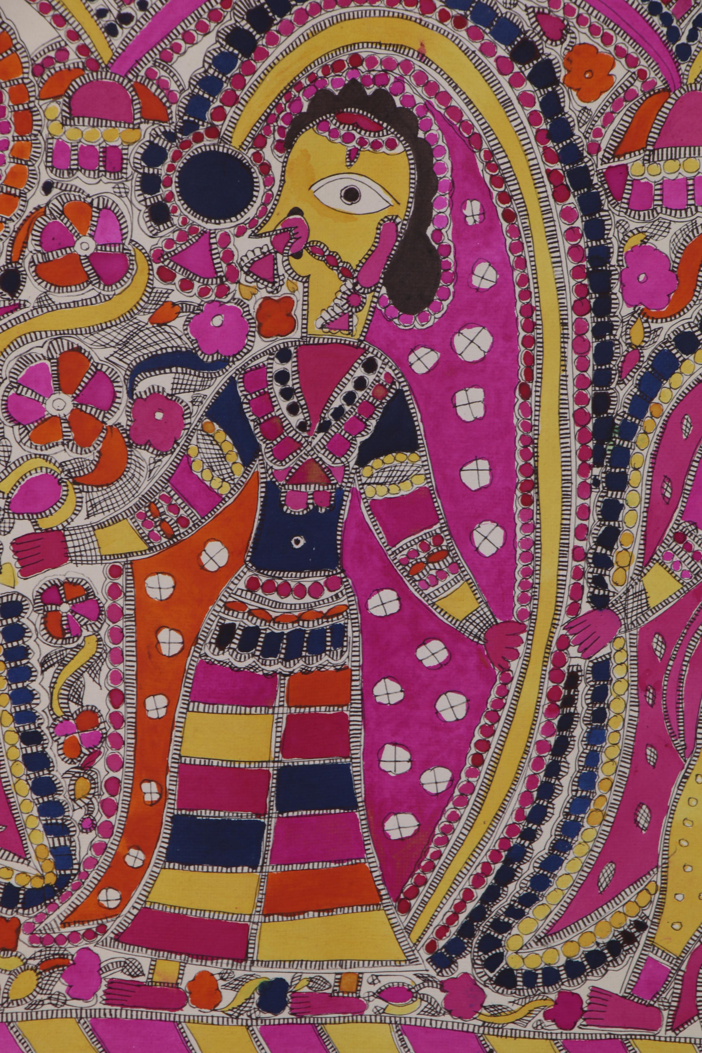 Bharni Folk Style Watercolor Madhubani Paintings, Mithila