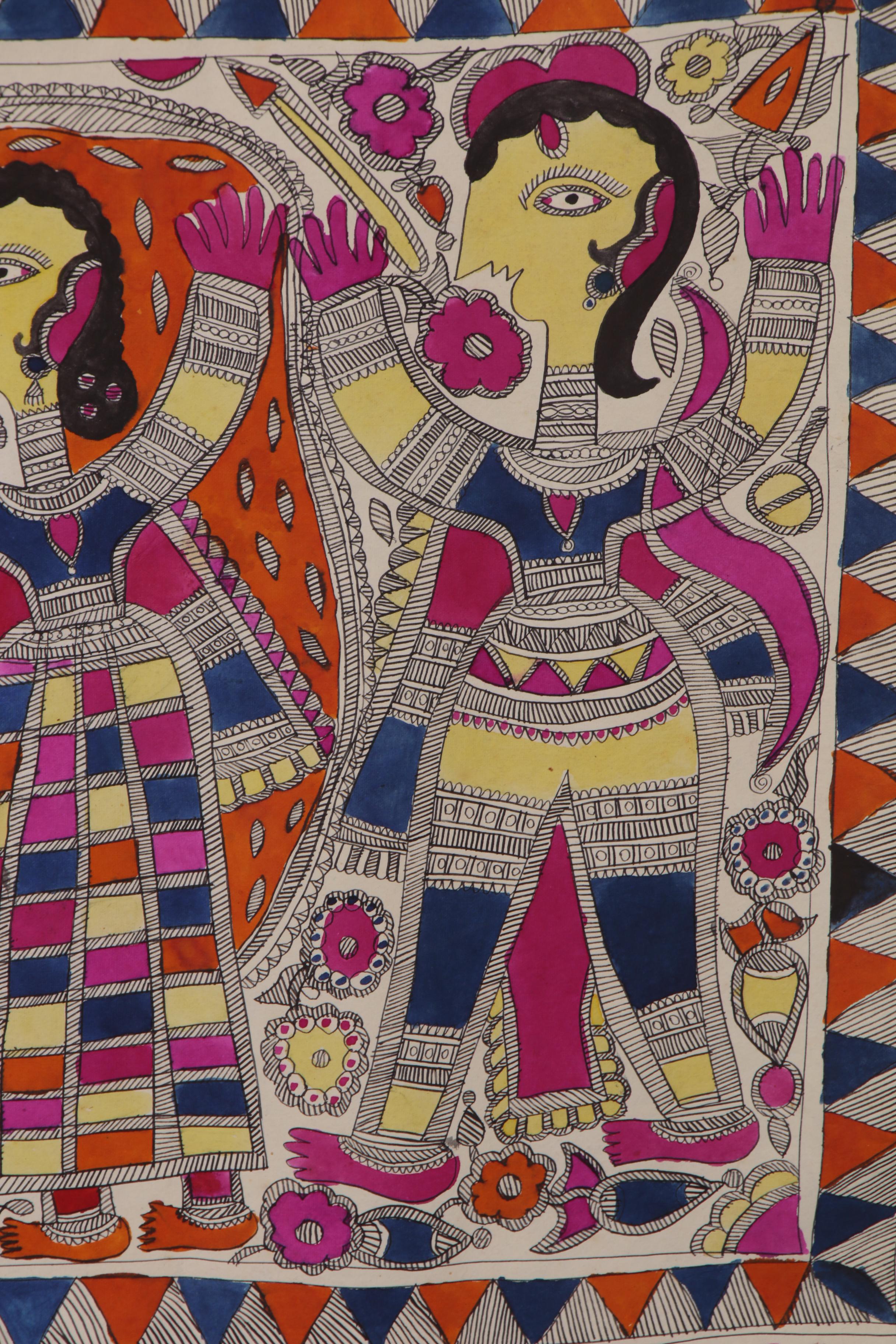 Bharni Folk Style Watercolor Madhubani Paintings, Mithila