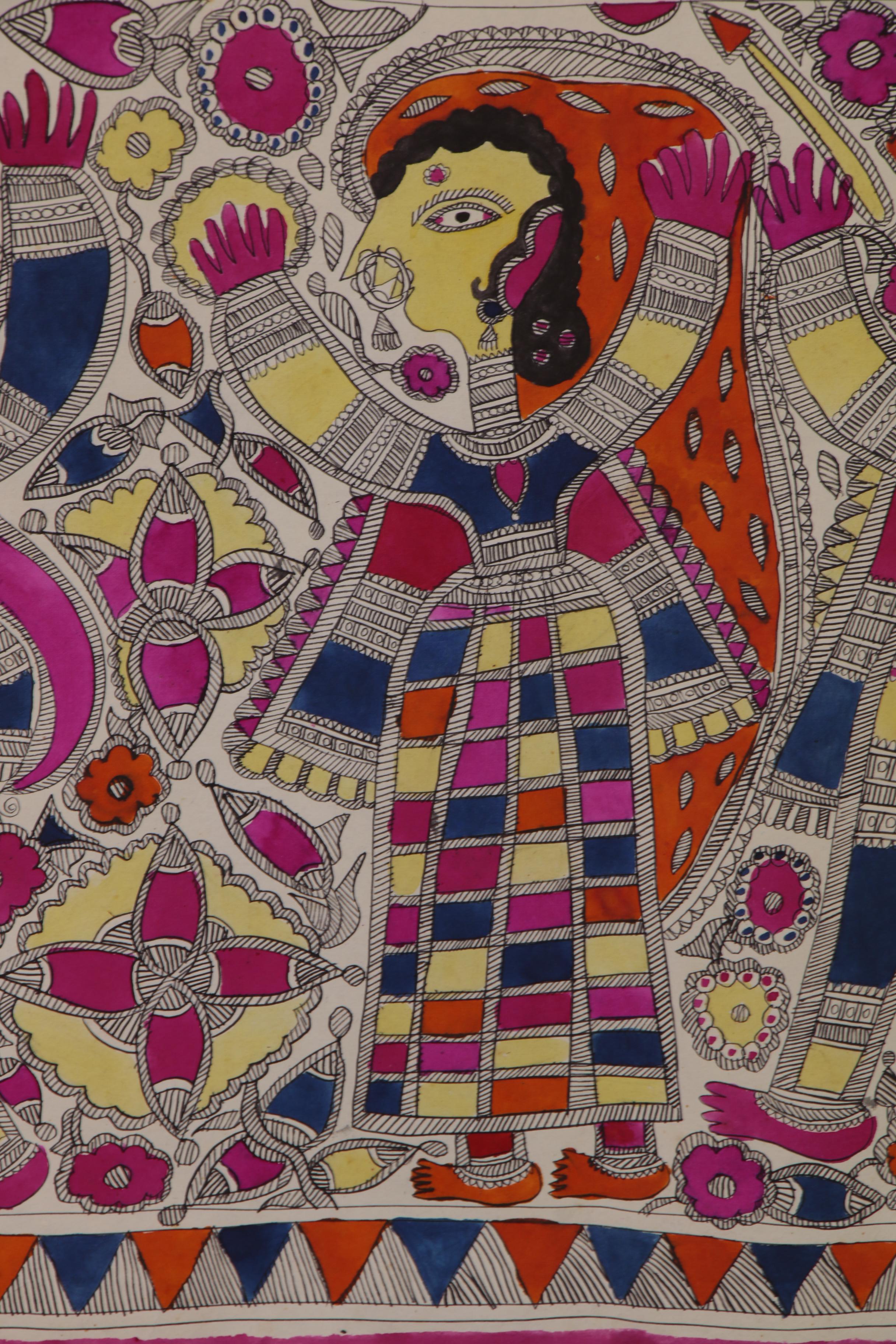 Bharni Folk Style Watercolor Madhubani Paintings, Mithila