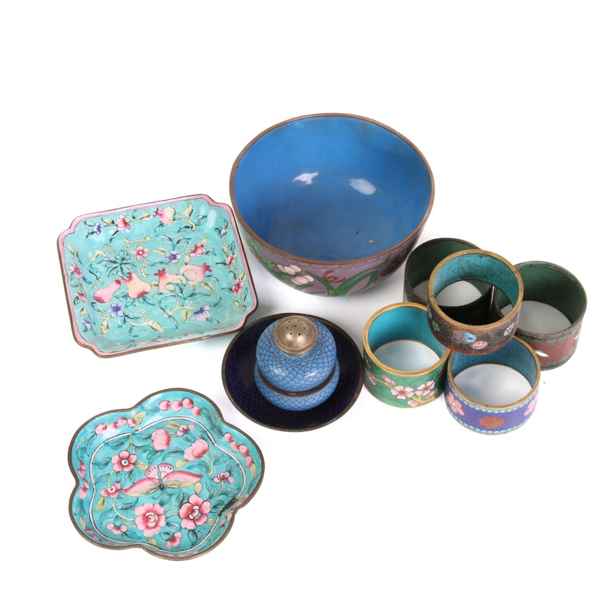 Chinese Cloisonné Napkin Rings, Bowl and Other Table Top Accessories