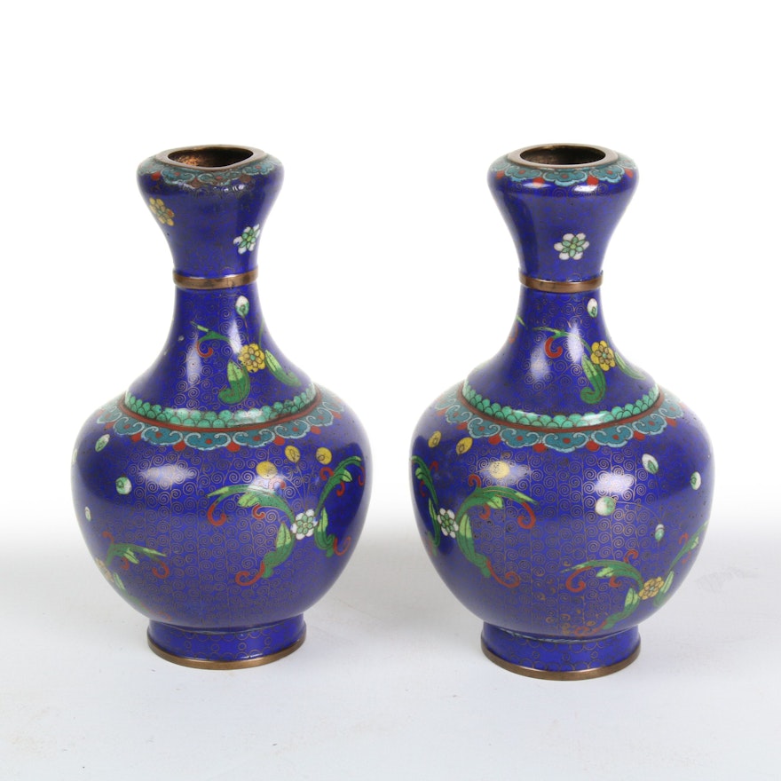 Pair of Cobalt Blue Chinese Cloisonné Vases, Mid to Late 20th Century