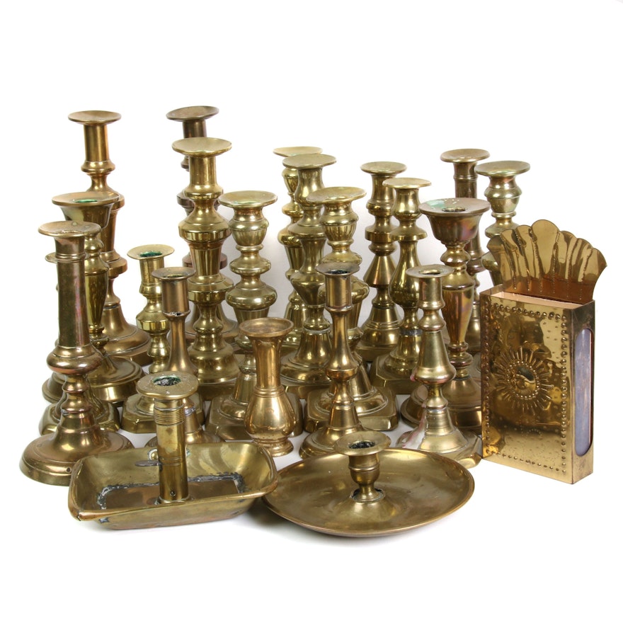 Brass Candlesticks and Match Holder, Mid to Late 20th Century