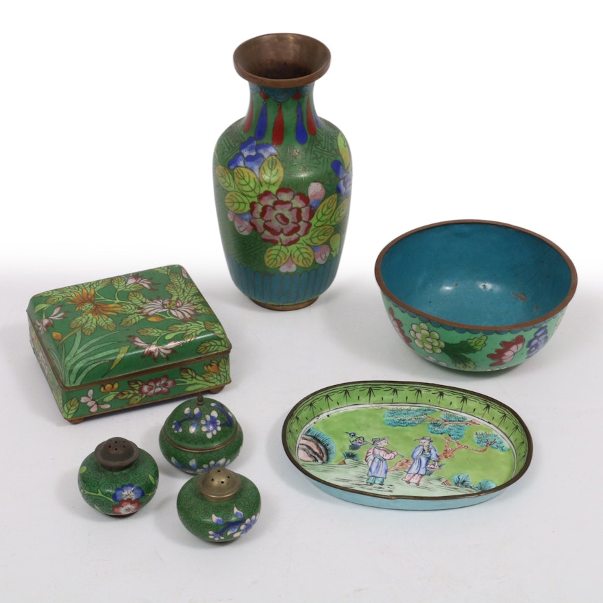 Chinese Cloisonné Vase, Shakers, Bowl, Tray and Boxes