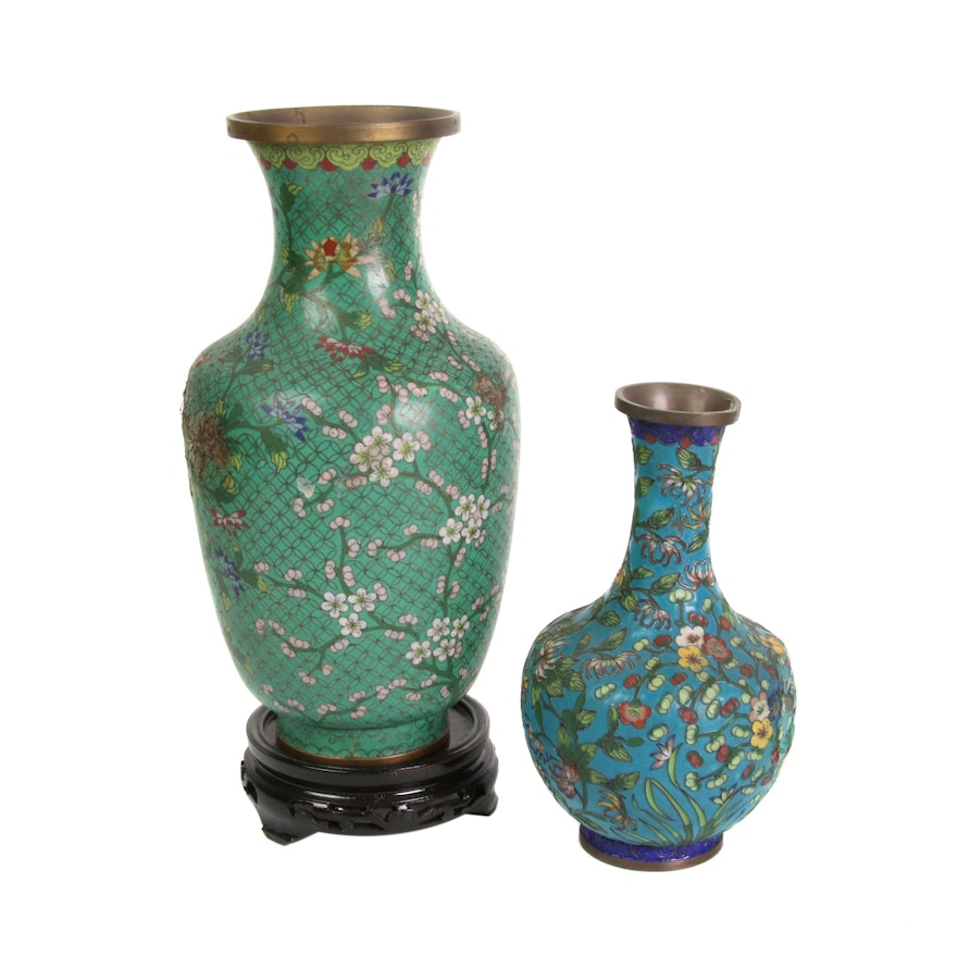 Chinese Cloisonné Vases with Floral Motif, Mid to Late 20th Century