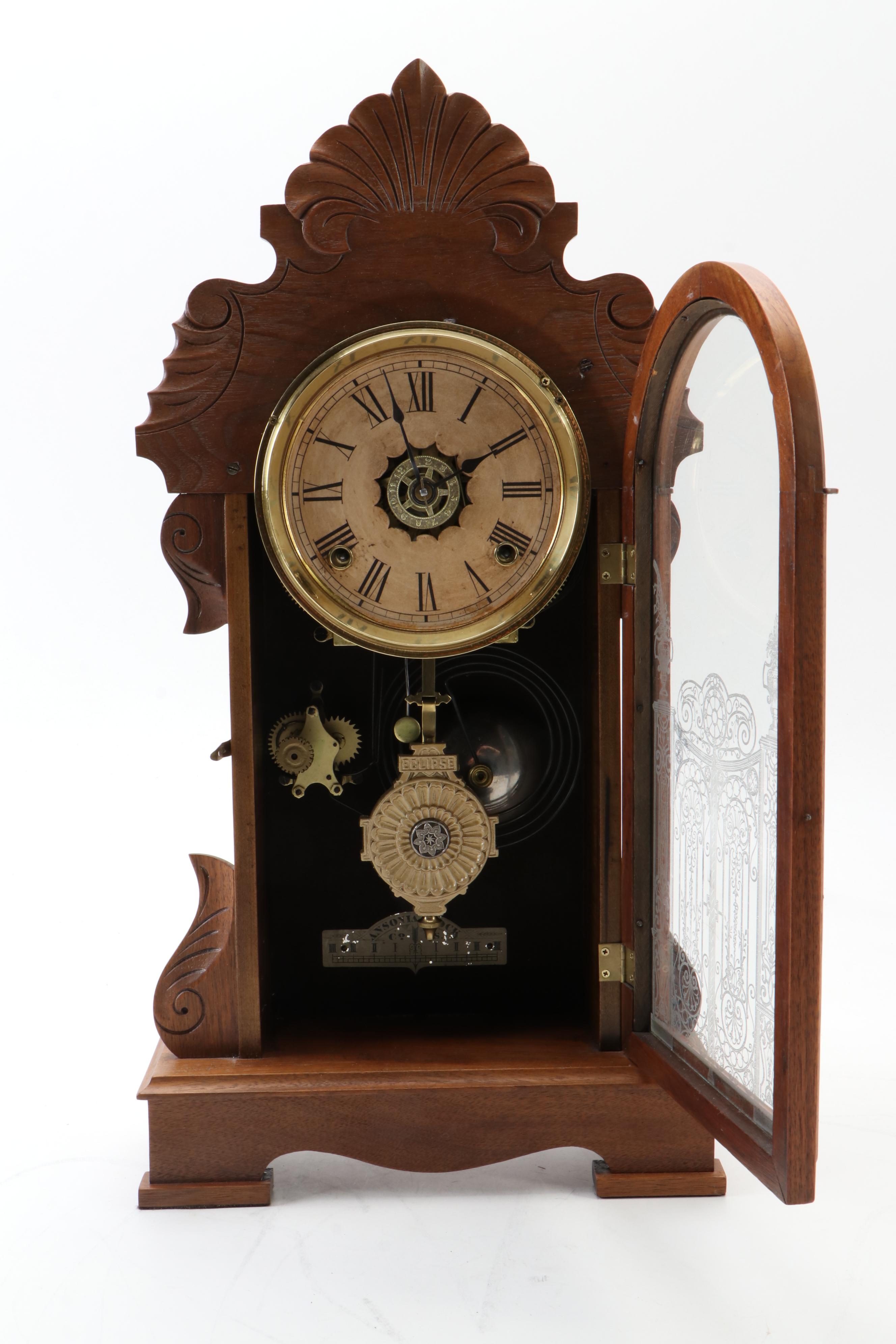 Ansonia Clock Co. Victorian Hand-Carved Oak Mantel Clock