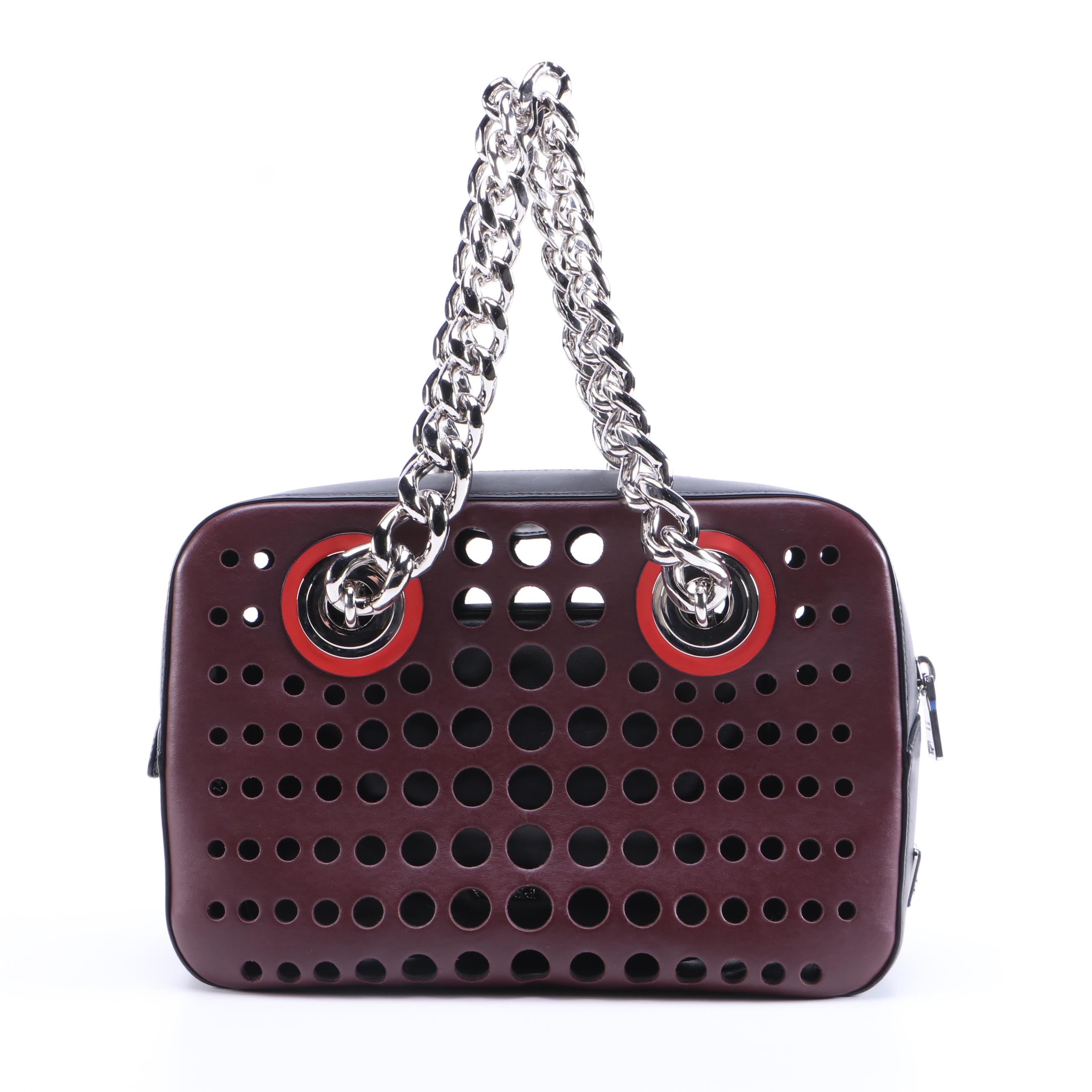 Prada City Fori Shoulder Bag in Burgundy Perforated Leather with Chain Straps