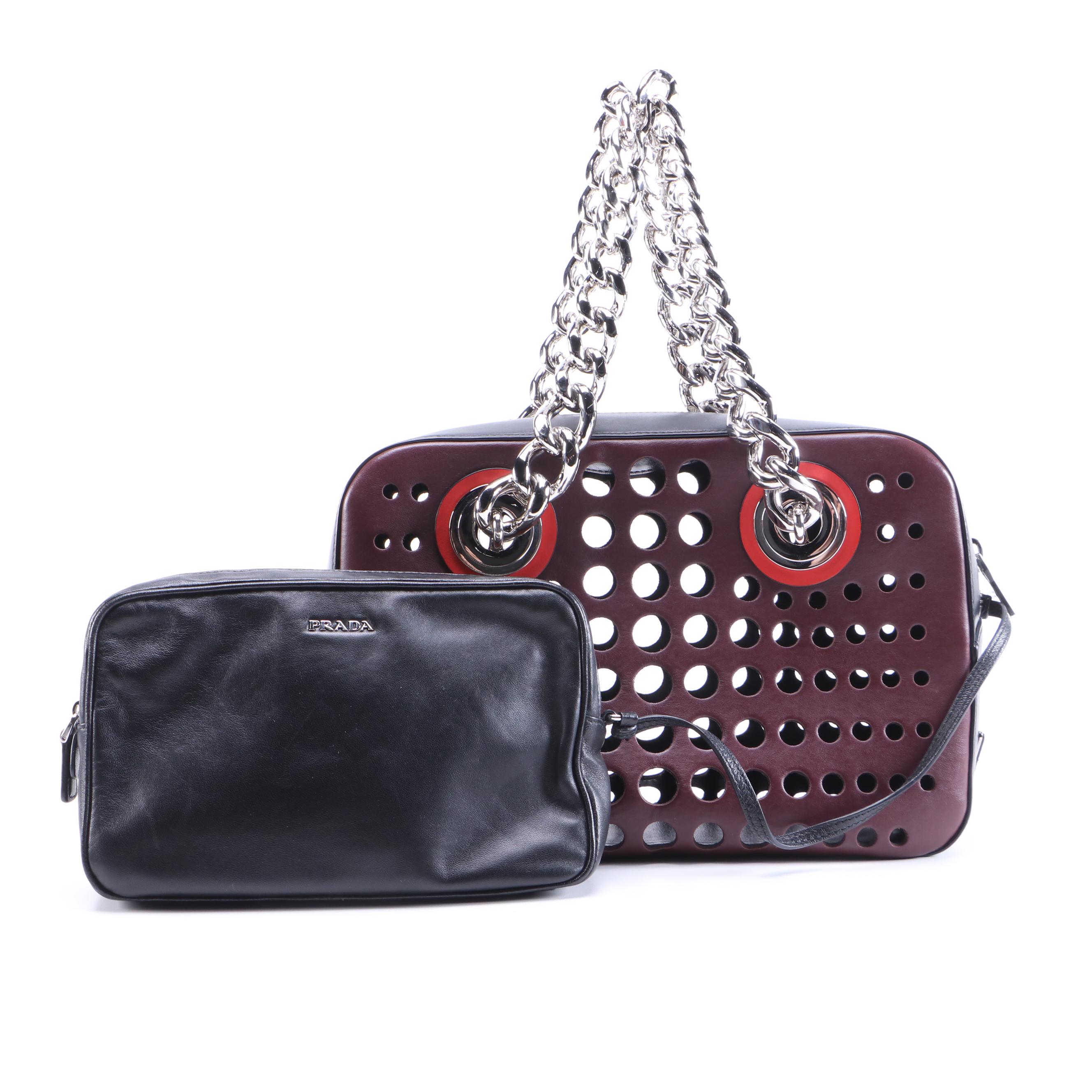 Prada City Fori Shoulder Bag in Burgundy Perforated Leather with Chain Straps